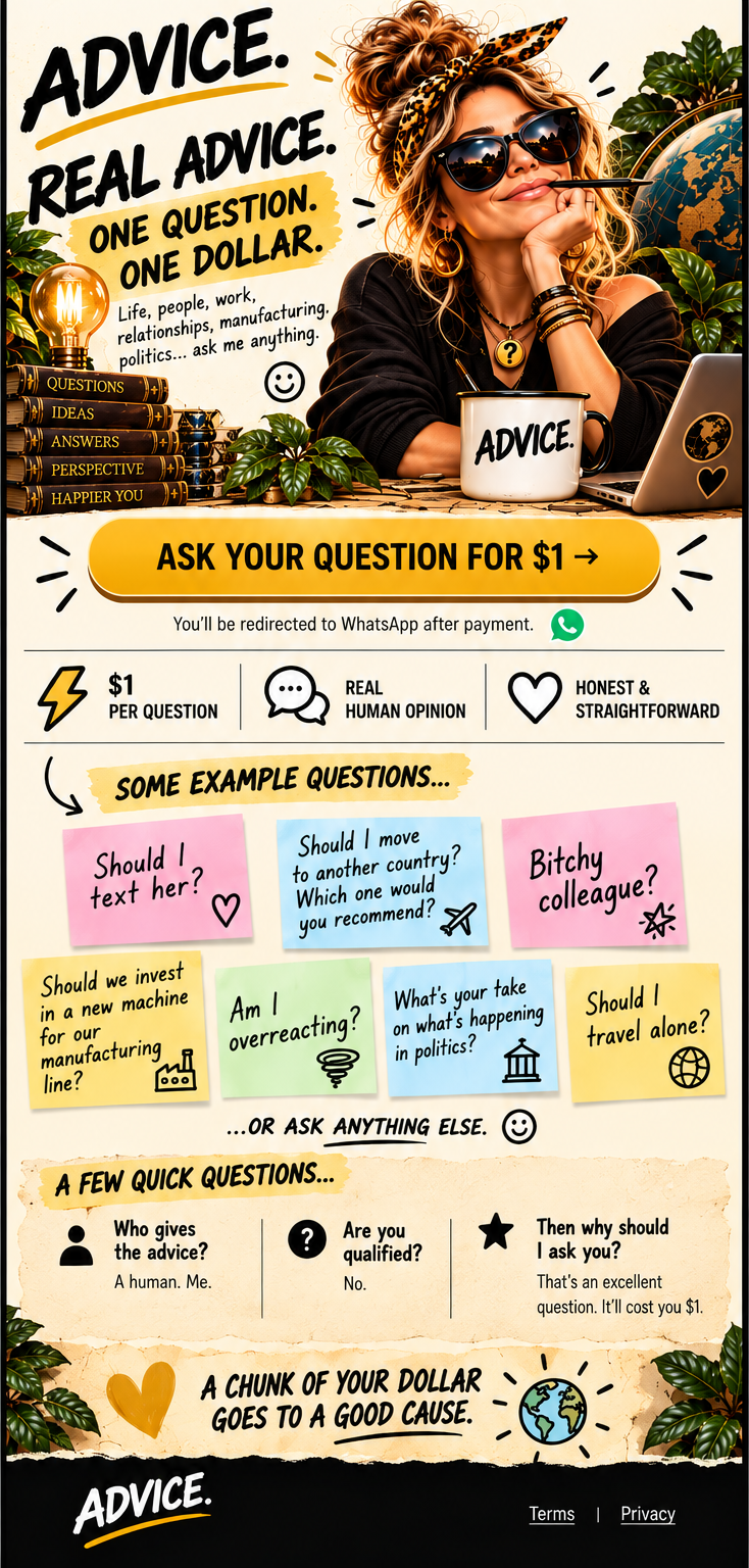 ADVICE. One question, one dollar. Human advice landing page